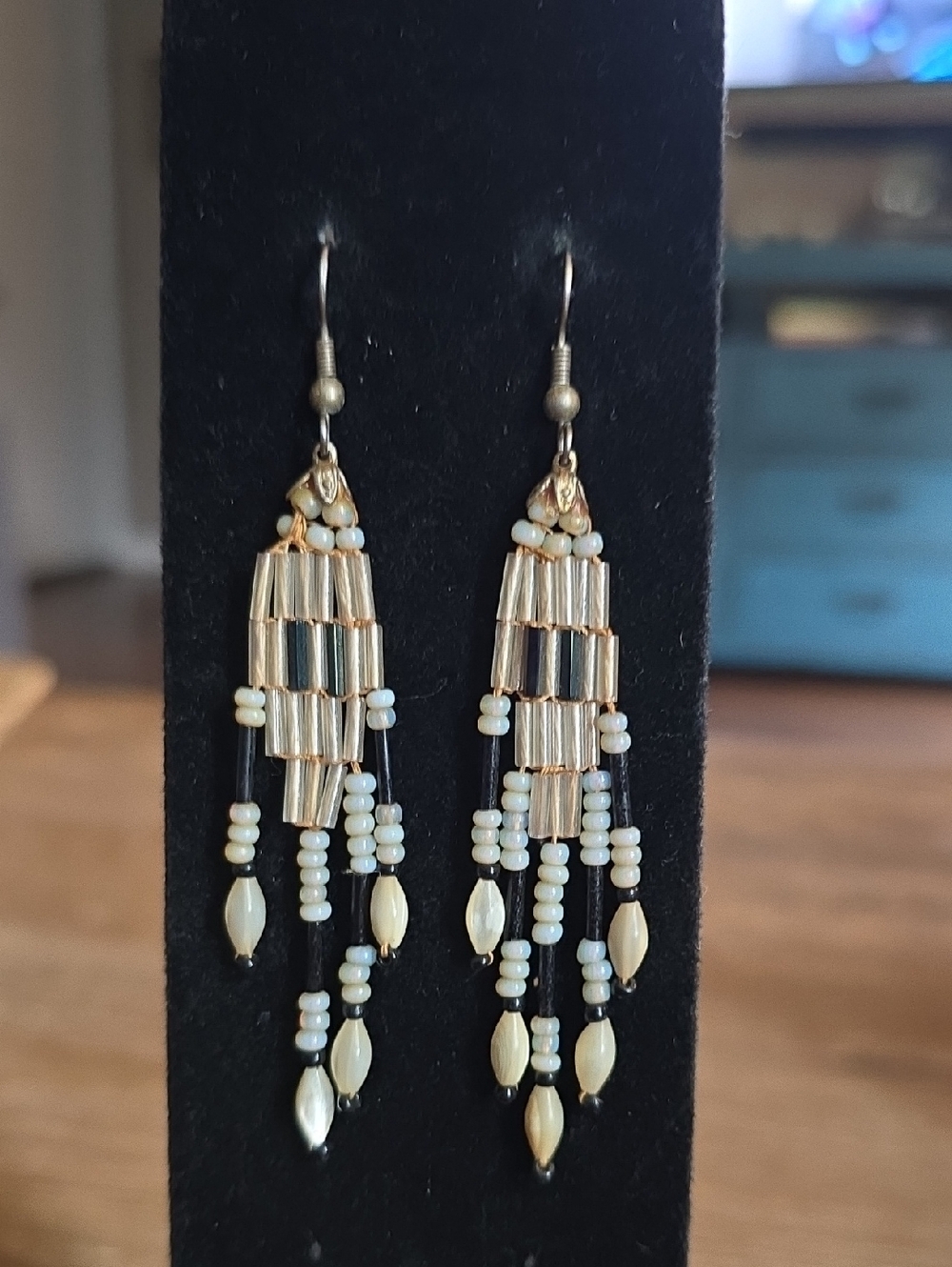 Cream and Gold Beaded Fringe Drop Earrings